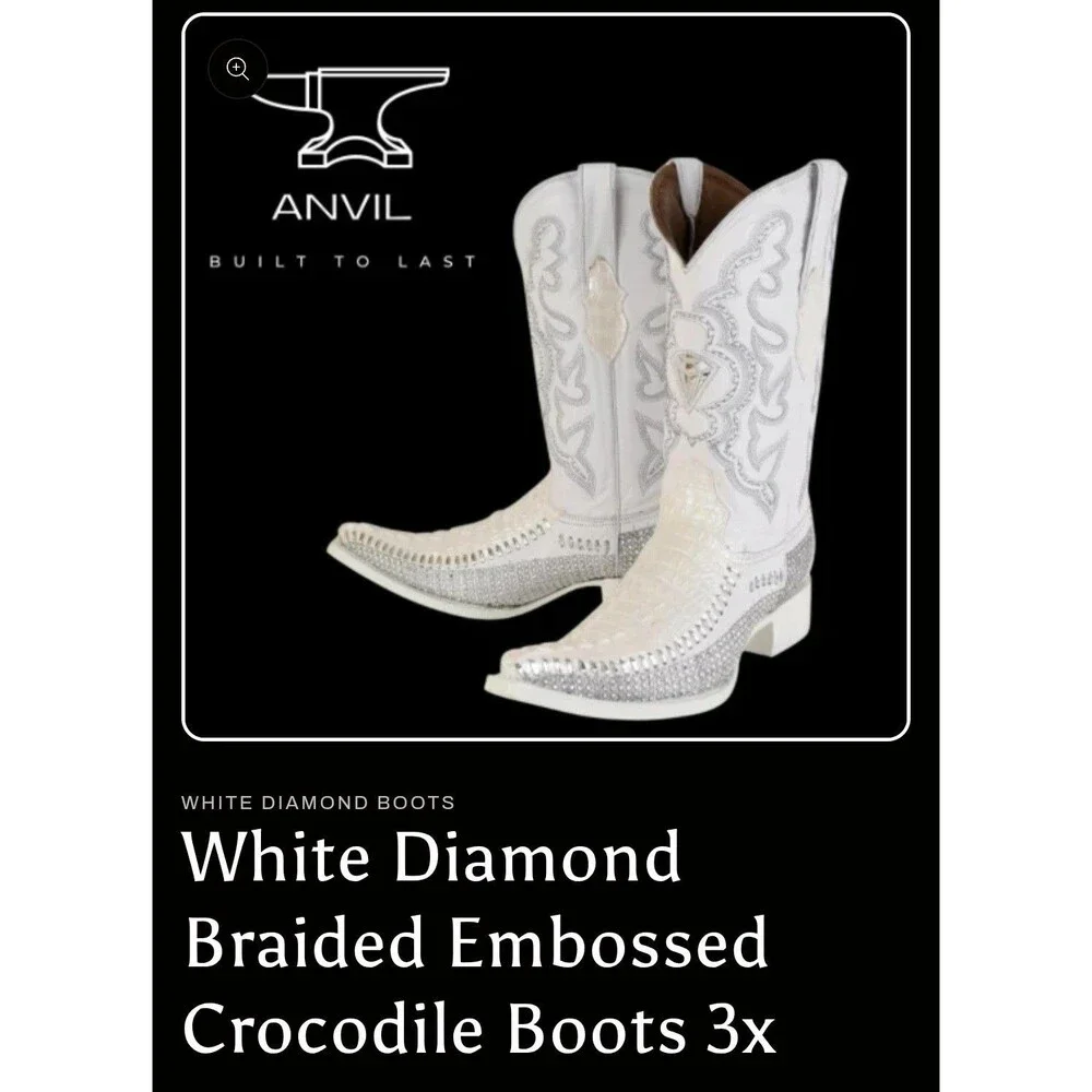 White Diamonds Crocodile Skin Leather Western Cowboy Boots White Bling 8.5 Men's